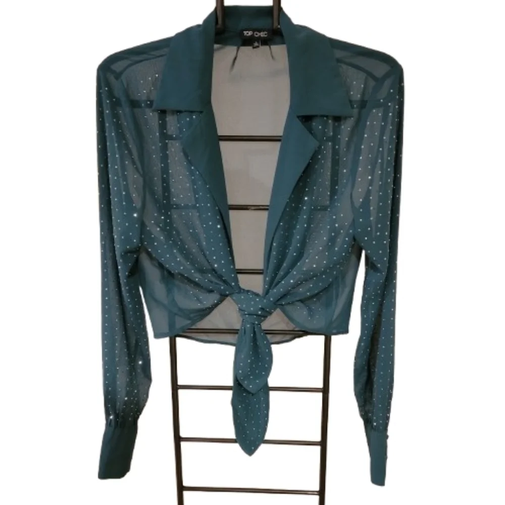 Top Chic Tie Front Semi Sheer Sparkle Studded Cropped Blouse Forest Green L - Picture 3 of 14
